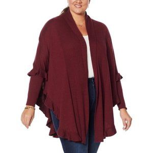 NWT‎ COLLEEN LOPEZ OPEN FRONT RUFFLE PONCHO SWEATER WINE M/L